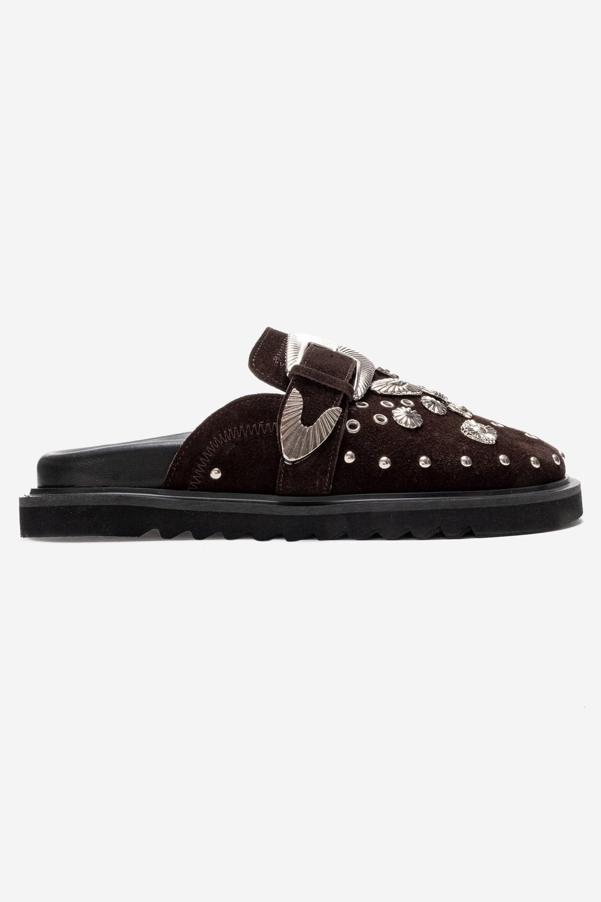 Maril - Brown Genuine Leather Buckled Closed-Toe Mule – top view showing leather, suede, Vowalisse