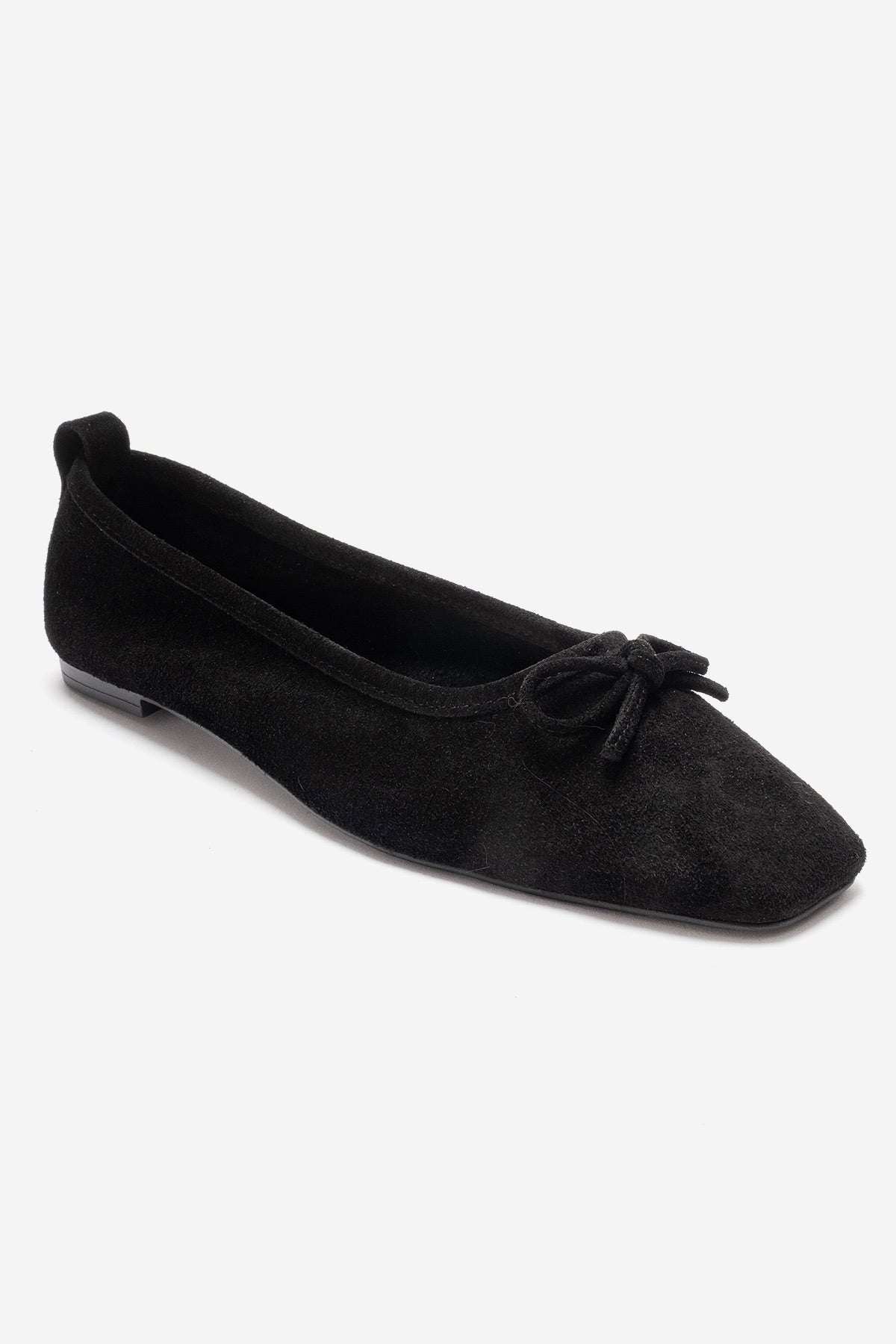 Sosa - Black Suede Genuine Leather Bow Ballet Flat – detail view showing bow, leather, suede, Vowalisse
