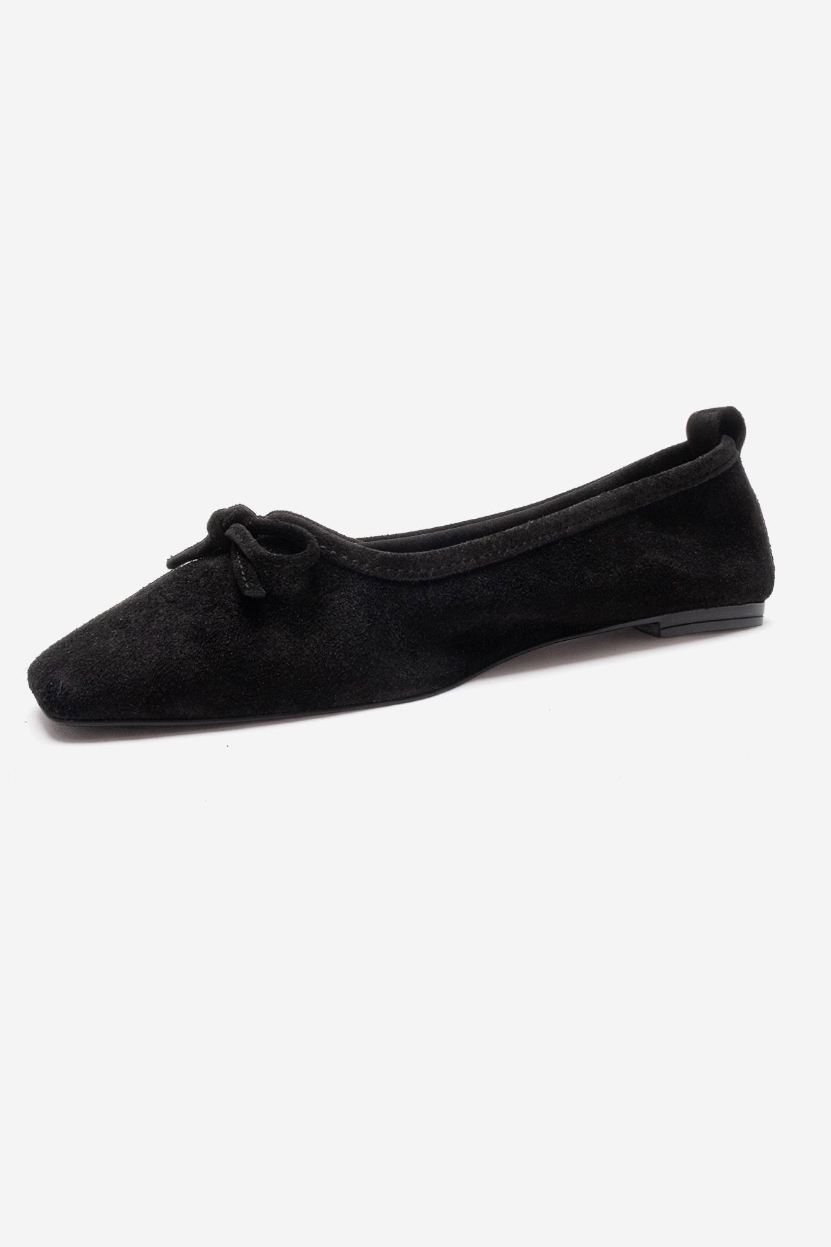Sosa - Black Suede Genuine Leather Bow Ballet Flat – heel view showing bow, leather, suede, Vowalisse