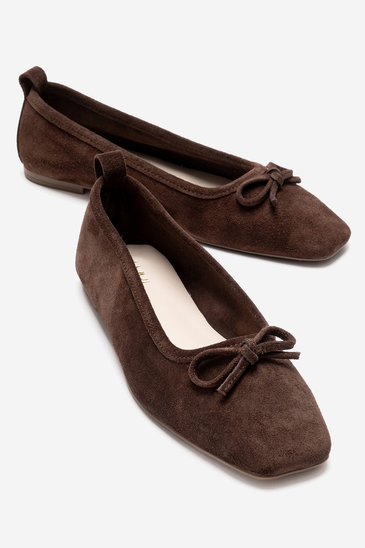 Sosa - Brown Suede Genuine Leather Bow Ballet Flat – front three-quarter view showing bow, leather, suede, Vowalisse