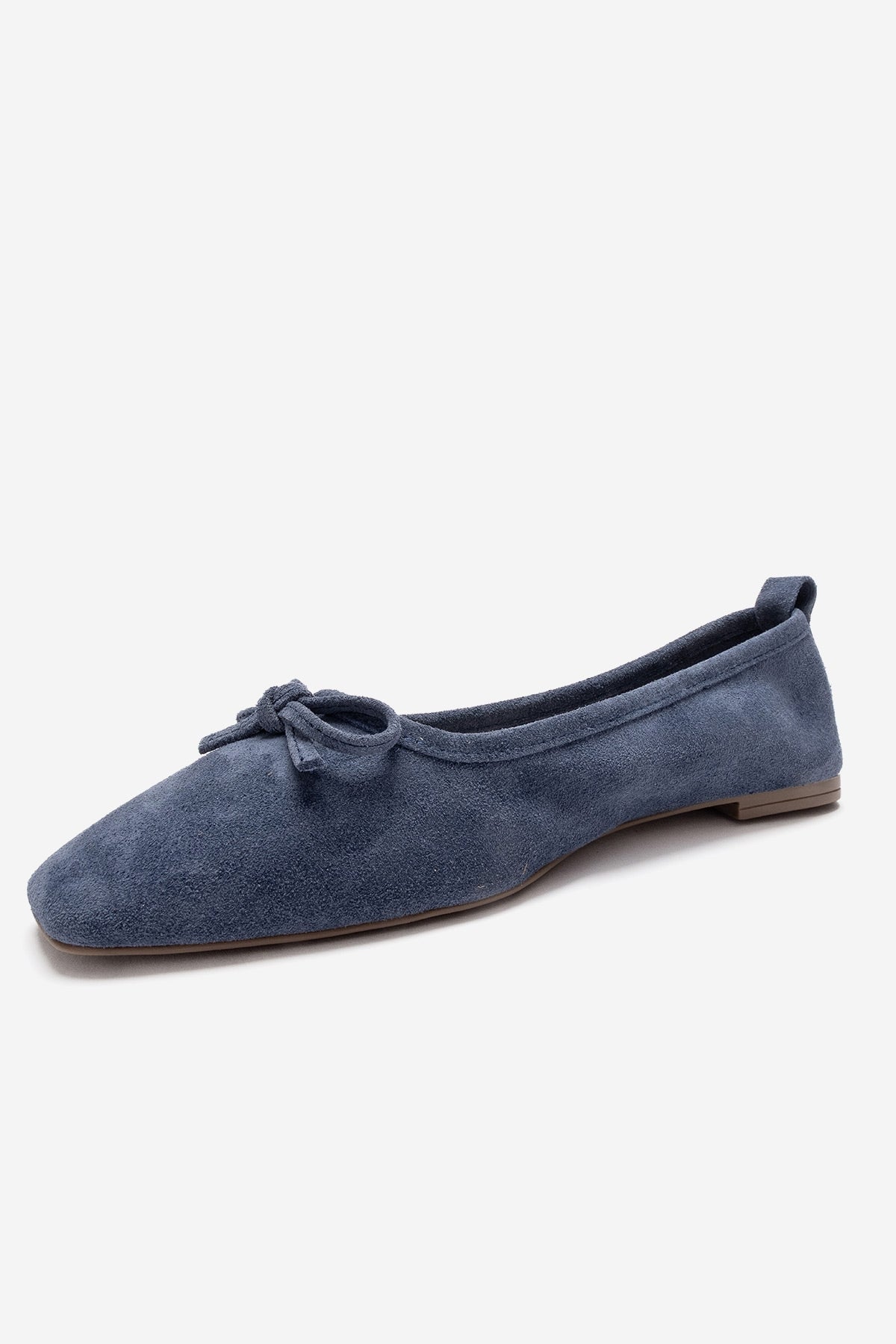 Sosa - Denim Blue Genuine Leather Bow Ballet Flat – heel view showing bow, leather, blue, Vowalisse