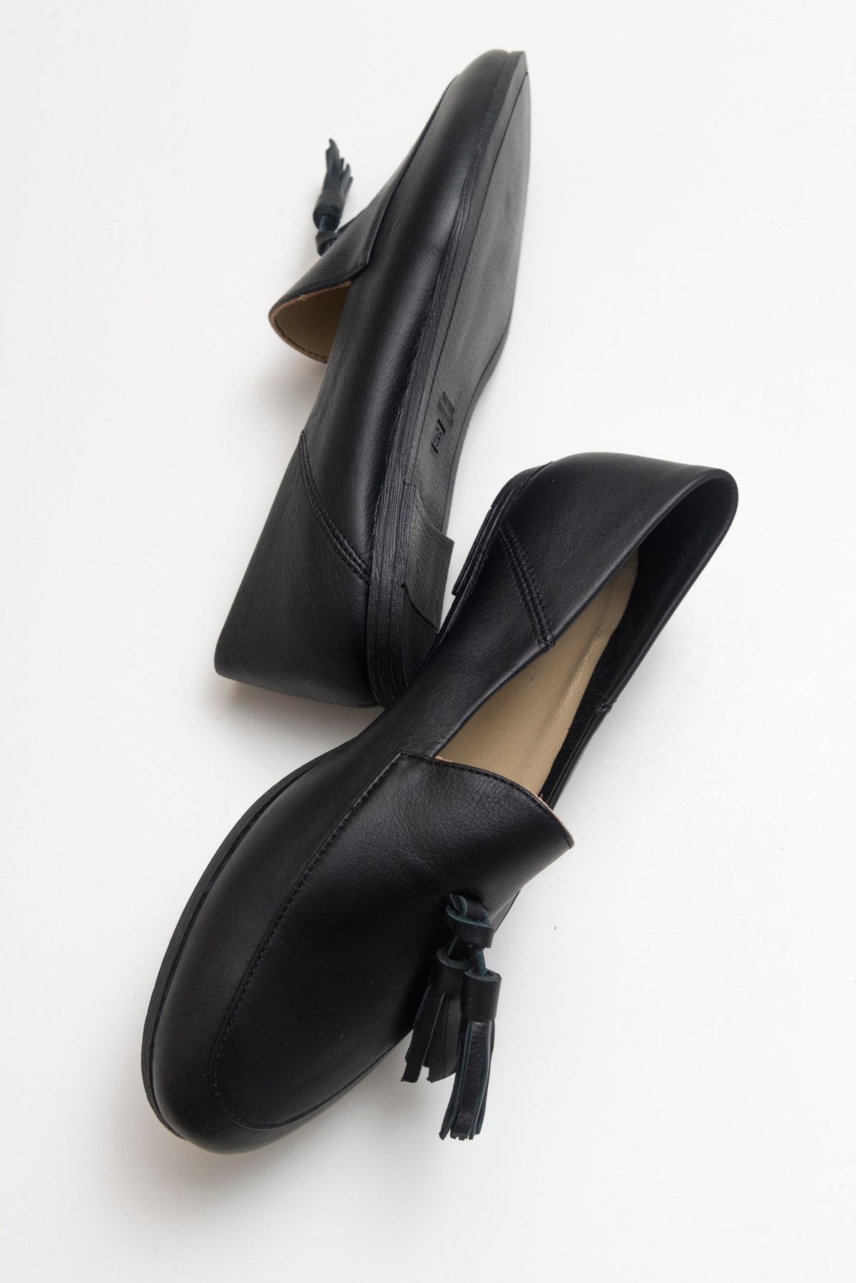 Mona - Black Soft Leather Tassel Loafers – heel view showing leather, suede, black, Vowalisse
