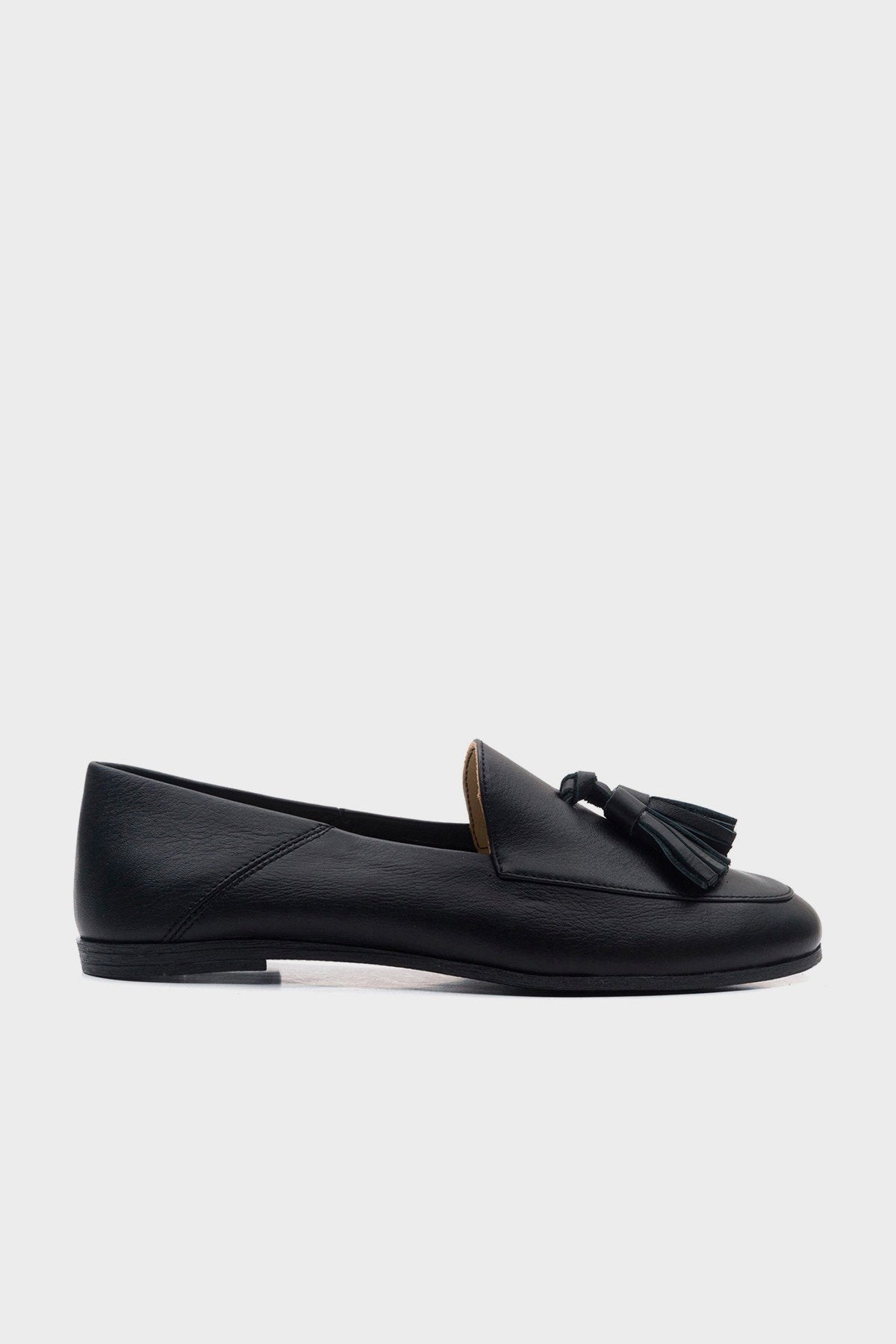 Mona - Black Soft Leather Tassel Loafers – top view showing leather, suede, black, Vowalisse