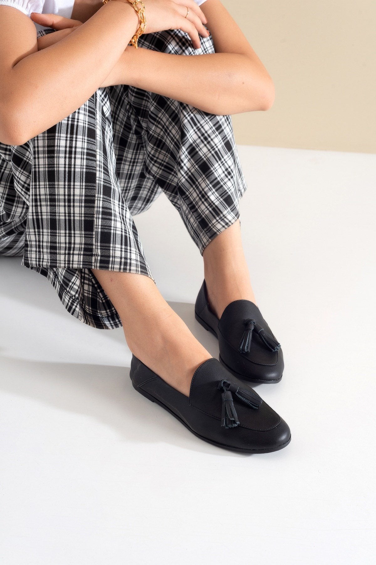 Mona - Black Soft Leather Tassel Loafers – sole view showing leather, suede, black, Vowalisse