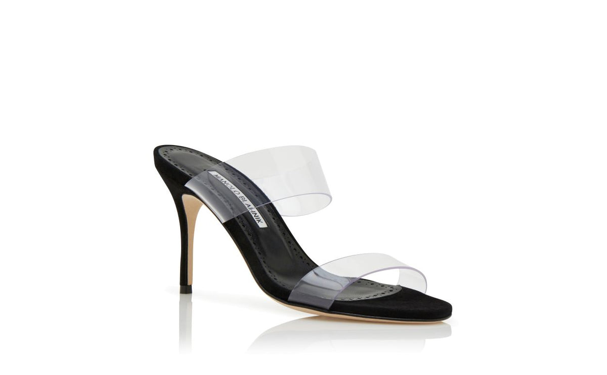 Delphine Lace Black Open Toe Mules – top view showing black open toe, suede, Vowalisse