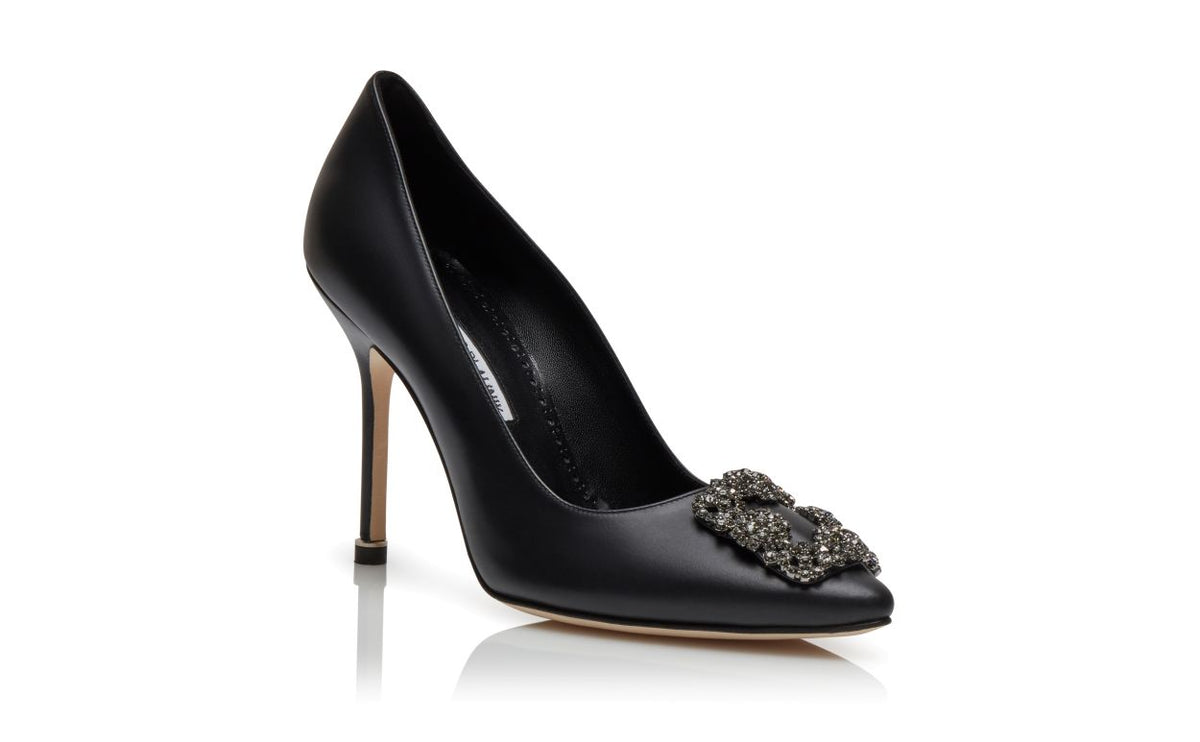 Camellia Crown Black Jewel Buckle Pumps – top view showing black jewel buckle, crystal buckle, almond toe, Vowalisse