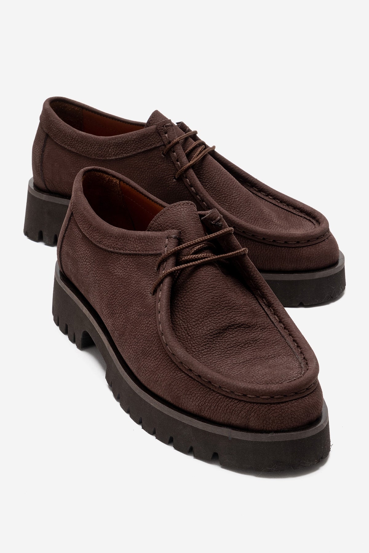 Talia - Brown Nubuck Genuine Leather Lace-Up Loafer – front three-quarter view showing lace, leather, Vowalisse