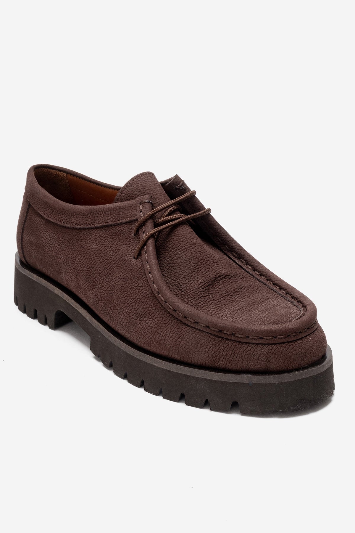 Talia - Brown Nubuck Genuine Leather Lace-Up Loafer – detail view showing lace, leather, Vowalisse