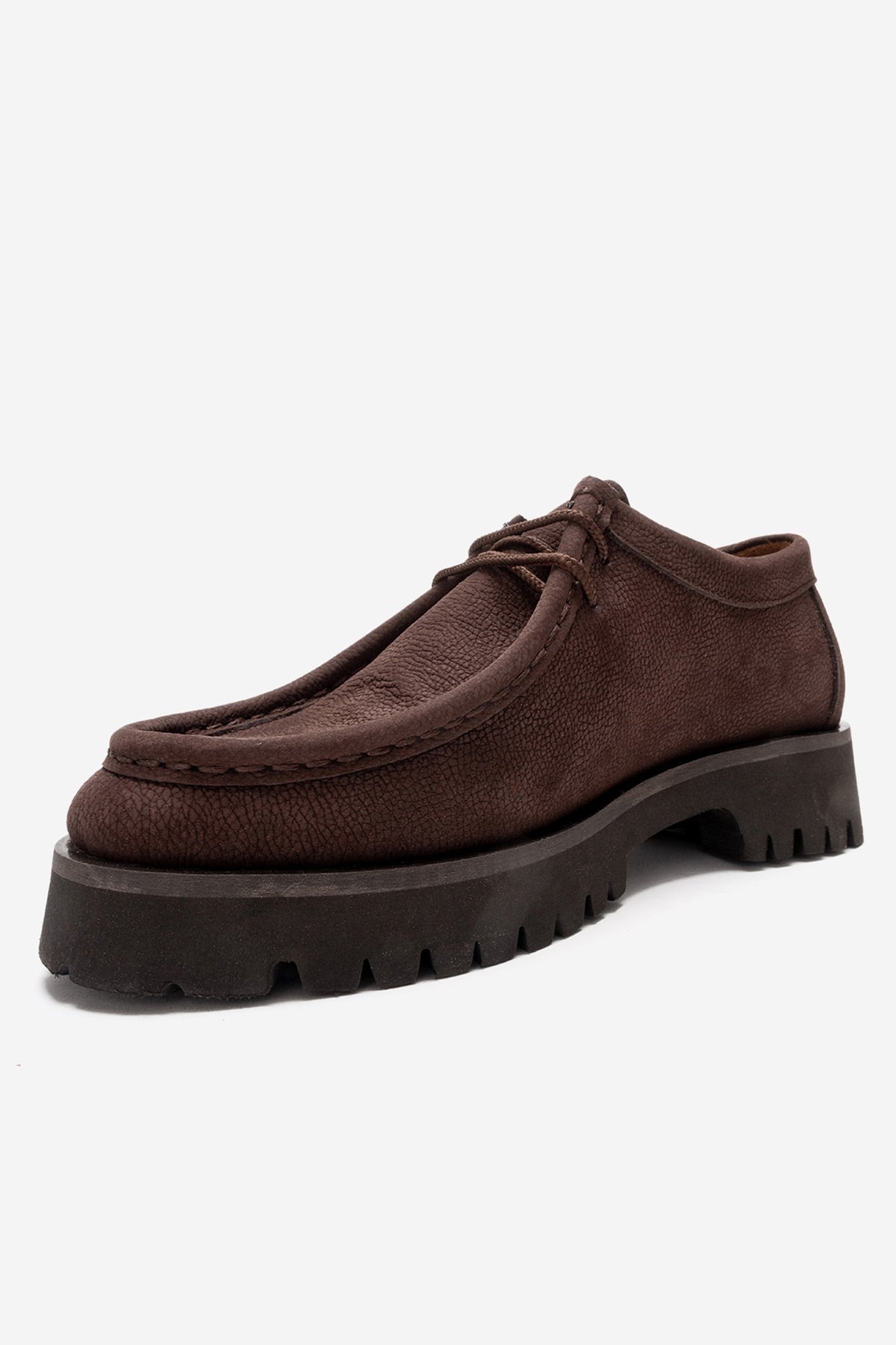 Talia - Brown Nubuck Genuine Leather Lace-Up Loafer – heel view showing lace, leather, Vowalisse