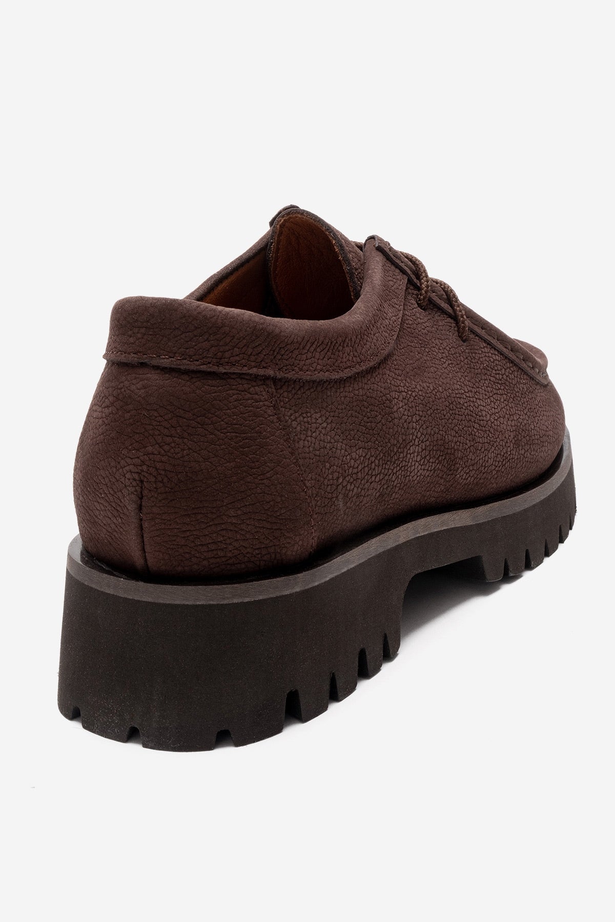 Talia - Brown Nubuck Genuine Leather Lace-Up Loafer – back view showing lace, leather, Vowalisse