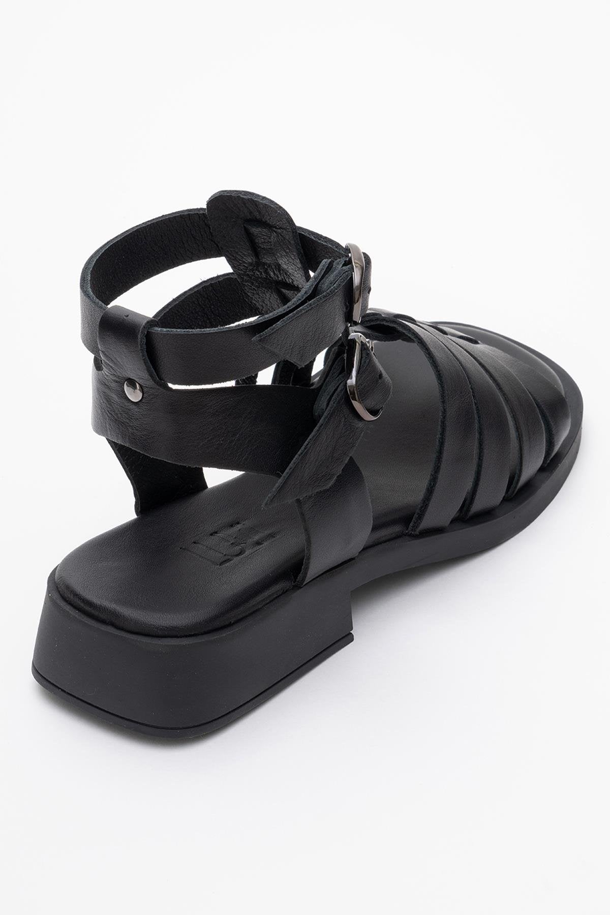 Frade - Black Leather Sandal – back view showing leather, black, Vowalisse