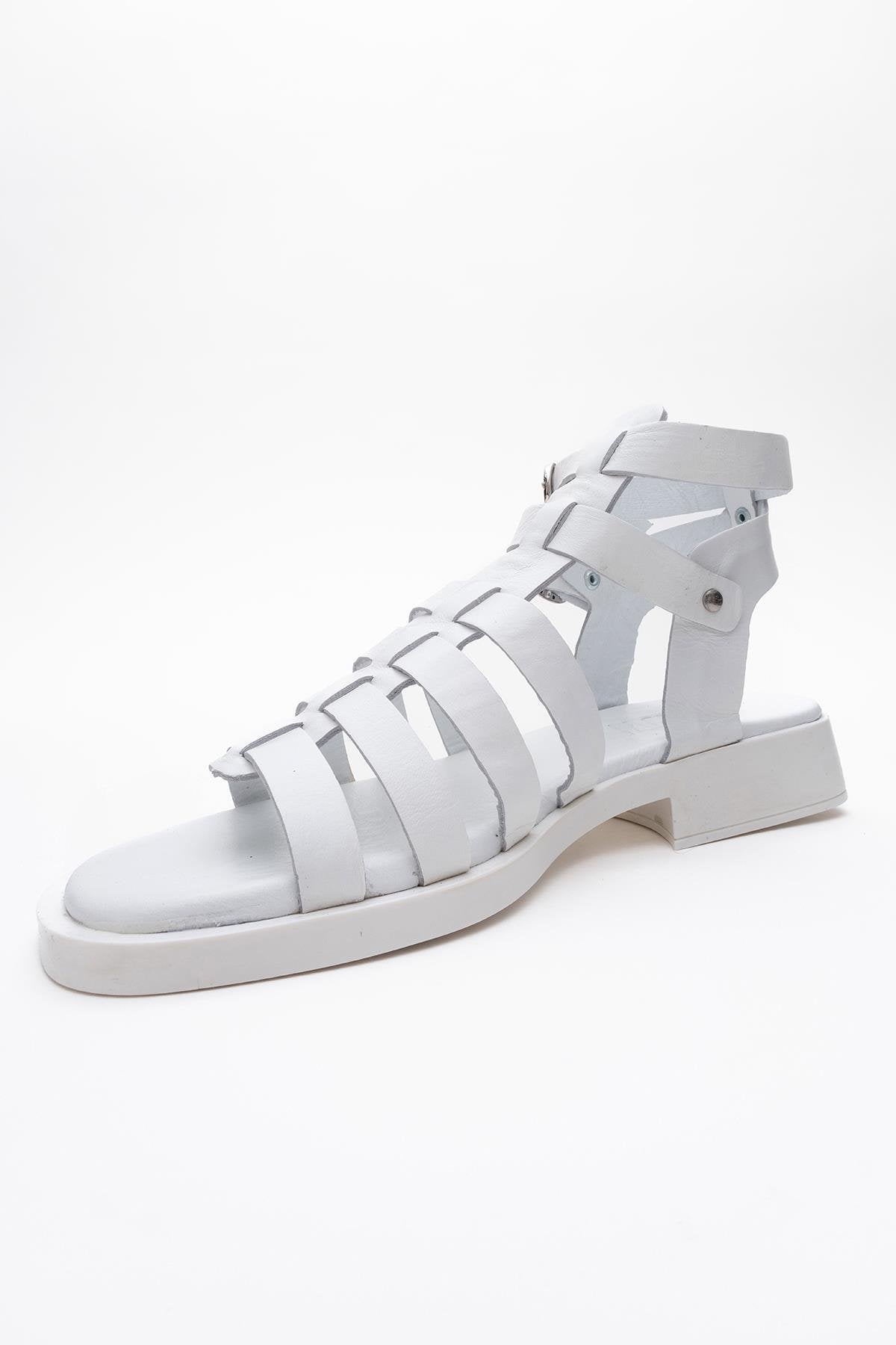 Frade - White Leather Sandal – heel view showing leather, white, Vowalisse