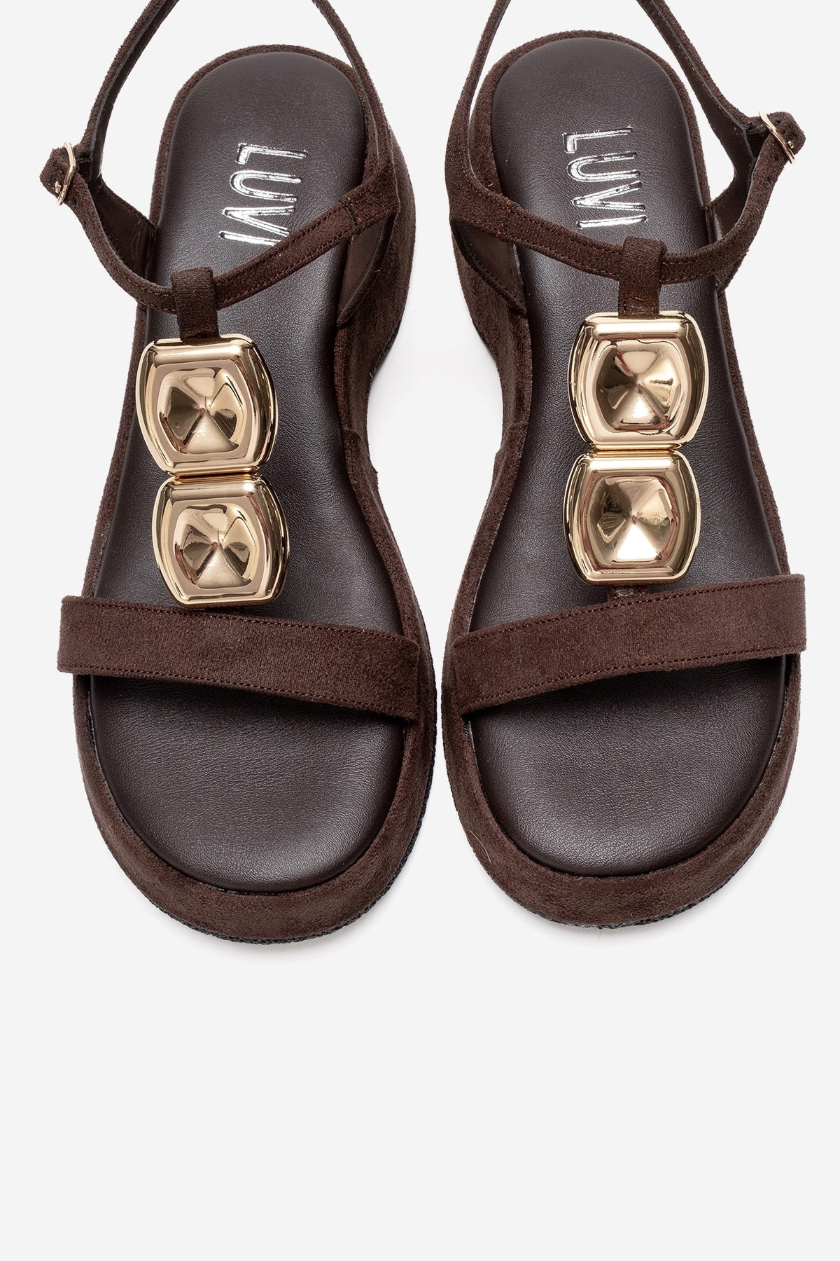 MATT - Cognac Platform Sandal – side view showing leather, suede, metallic, Vowalisse