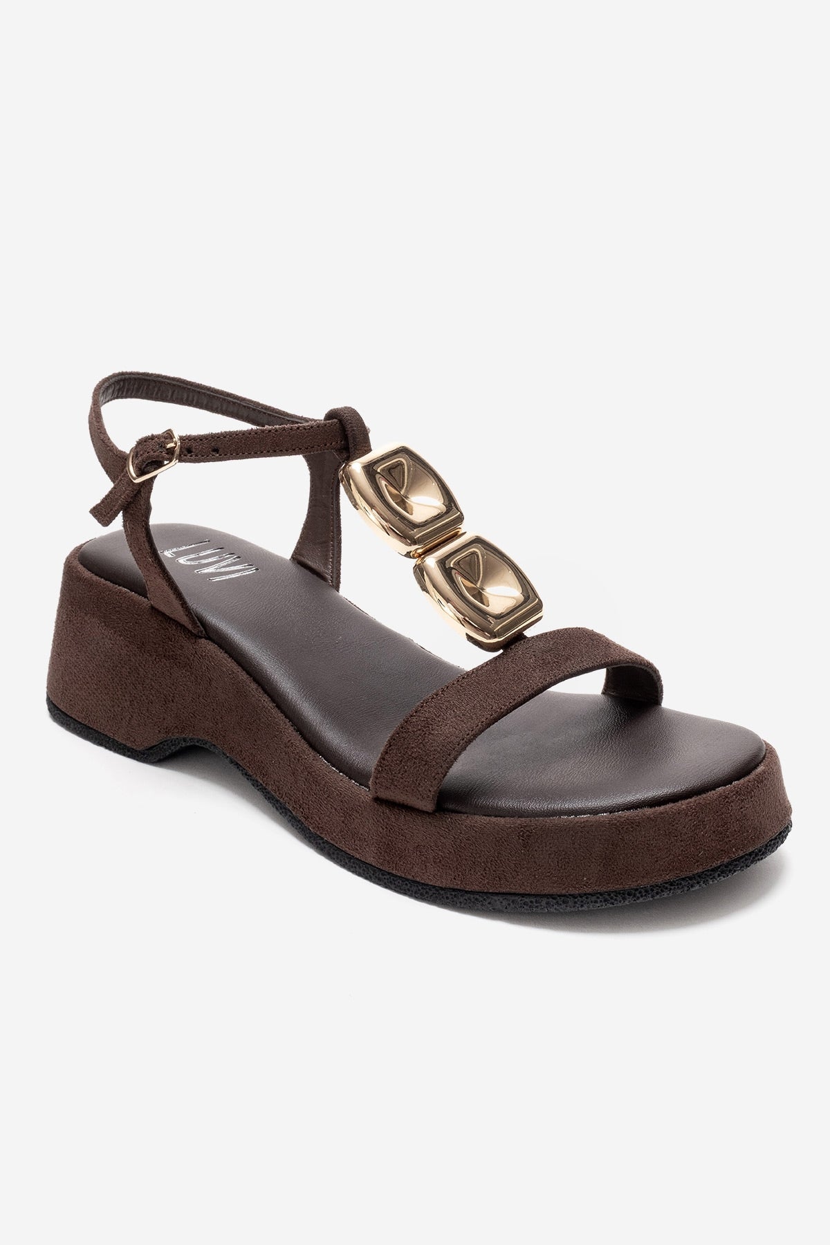 MATT - Cognac Platform Sandal – detail view showing leather, suede, metallic, Vowalisse