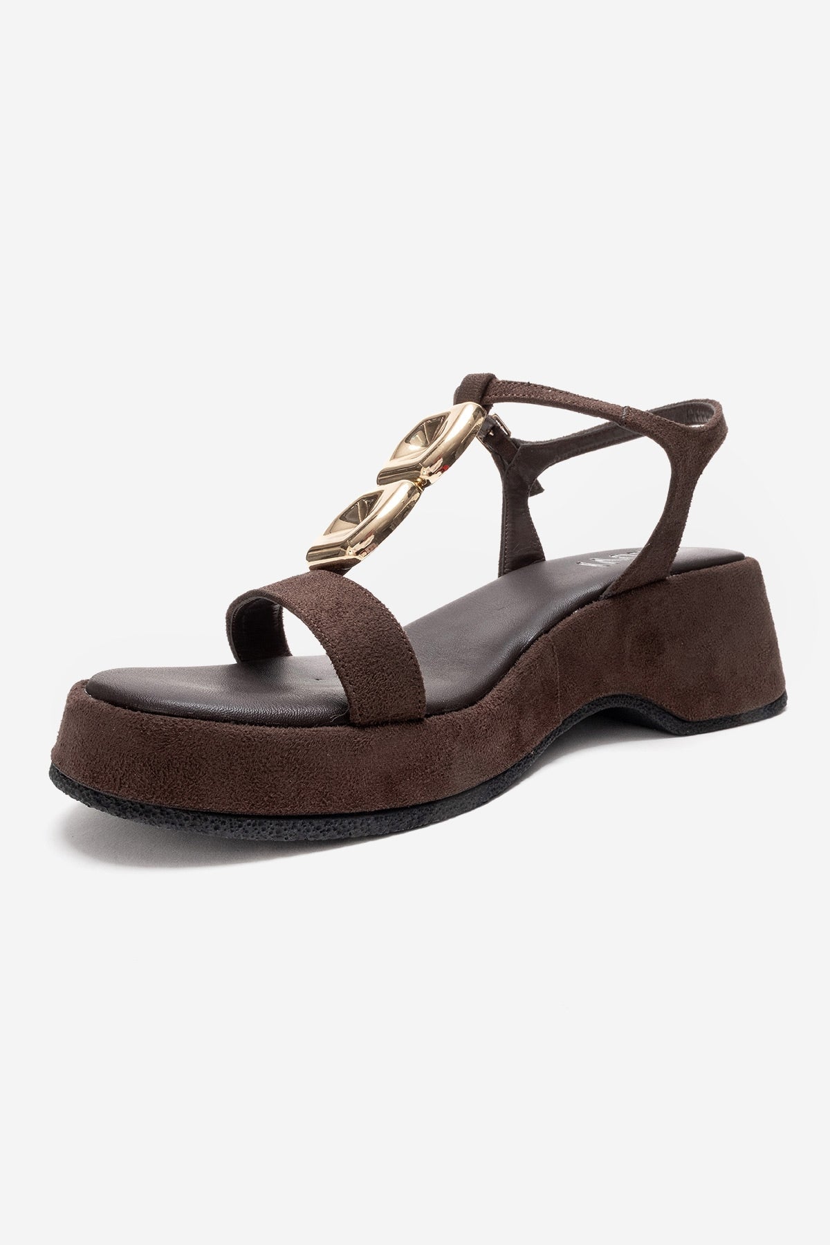 MATT - Cognac Platform Sandal – heel view showing leather, suede, metallic, Vowalisse