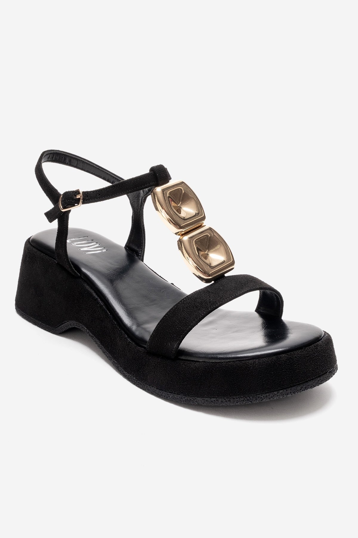 MATT - Black Platform Sandal – detail view showing leather, suede, black, Vowalisse