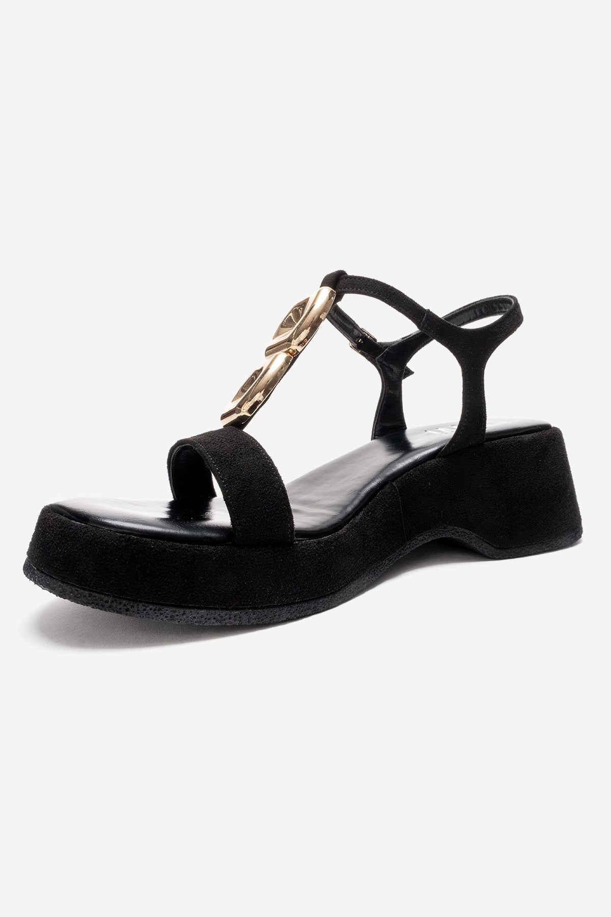MATT - Black Platform Sandal – heel view showing leather, suede, black, Vowalisse