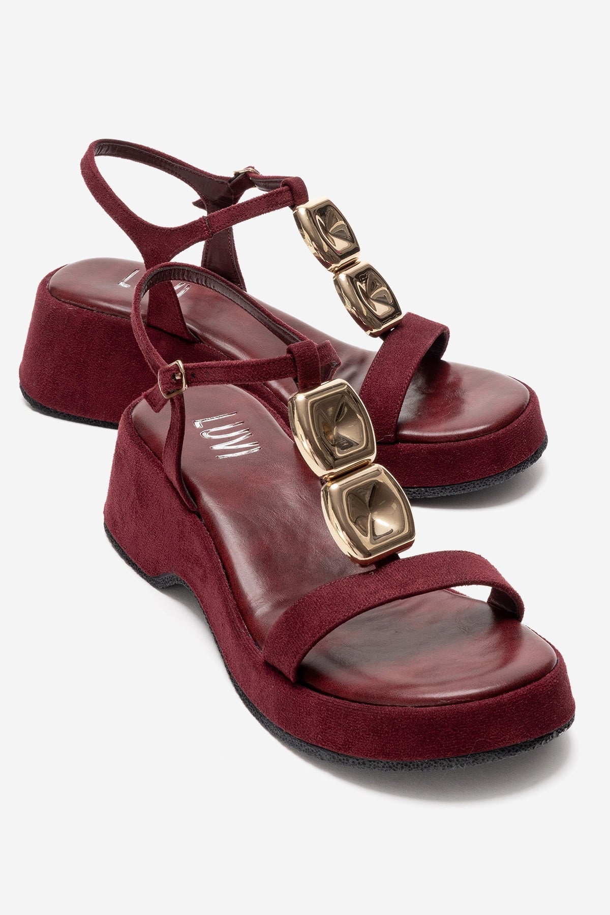 MATT - Burgundy Platform Sandal – front three-quarter view showing leather, suede, metallic, Vowalisse