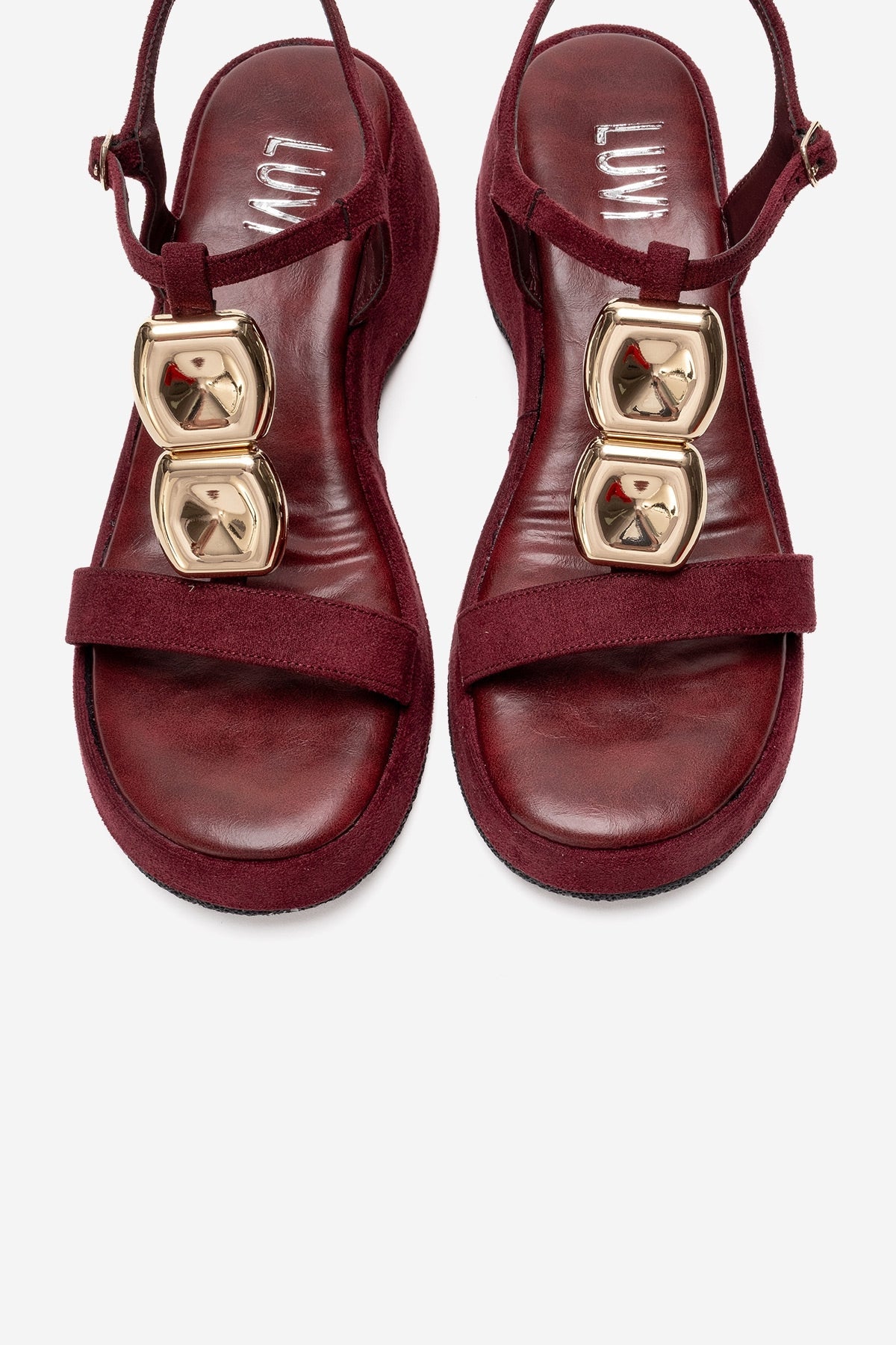 MATT - Burgundy Platform Sandal – side view showing leather, suede, metallic, Vowalisse