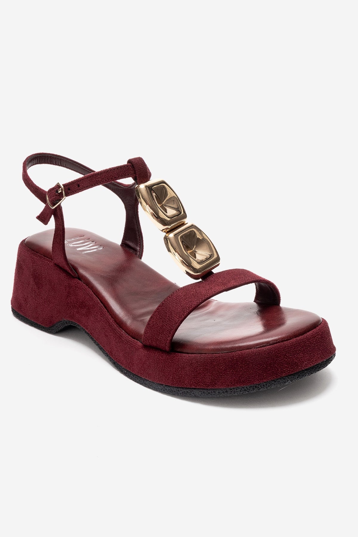 MATT - Burgundy Platform Sandal – detail view showing leather, suede, metallic, Vowalisse
