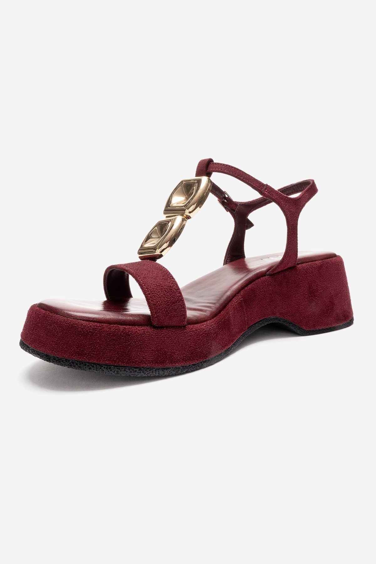 MATT - Burgundy Platform Sandal – heel view showing leather, suede, metallic, Vowalisse