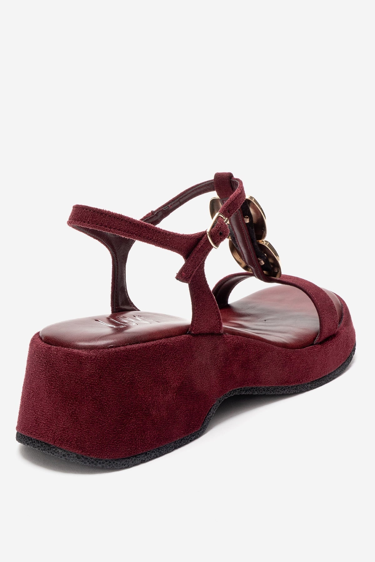 MATT - Burgundy Platform Sandal – back view showing leather, suede, metallic, Vowalisse