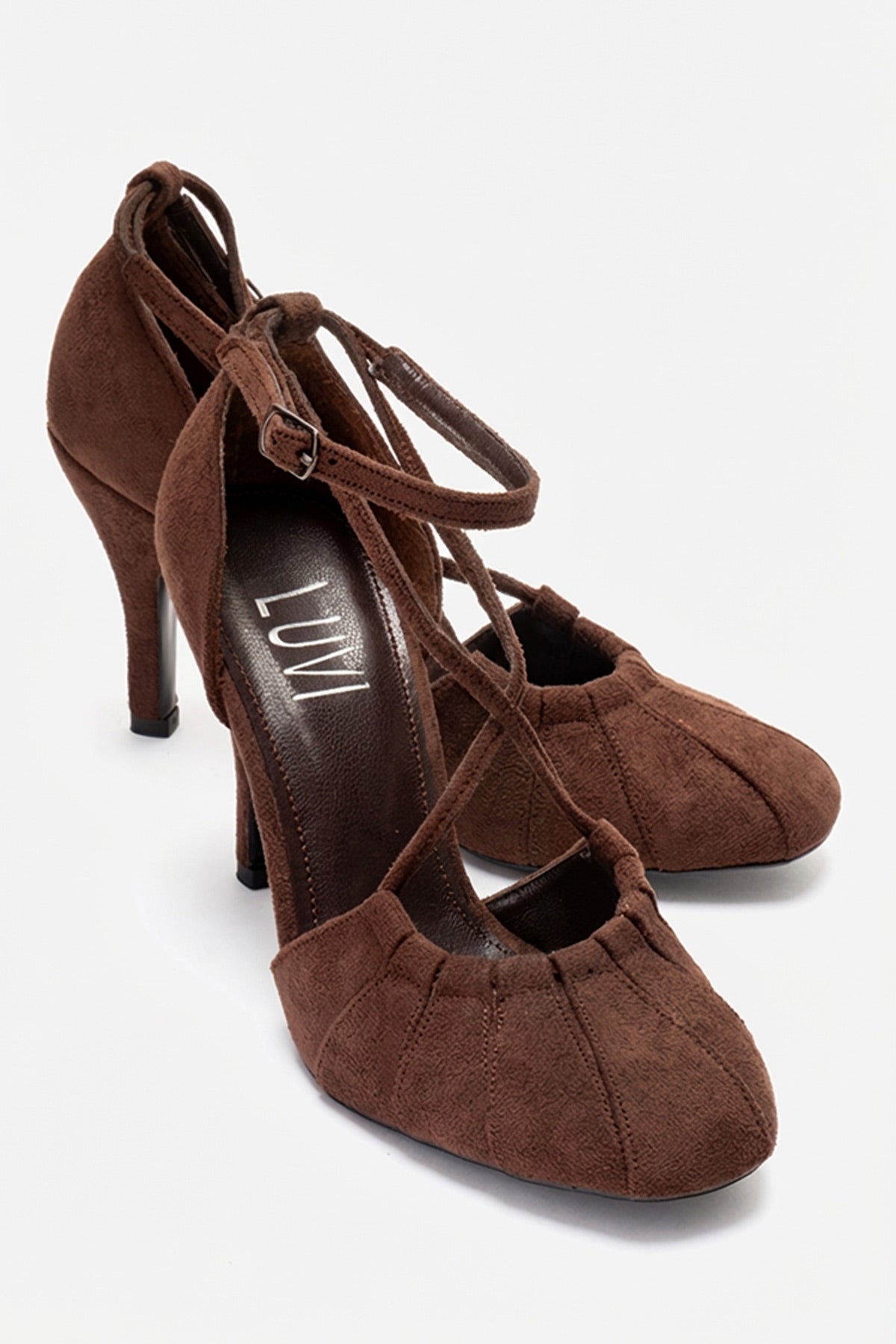 ELIZA - Brown Suede Stiletto Pump – front three-quarter view showing leather, suede, Vowalisse