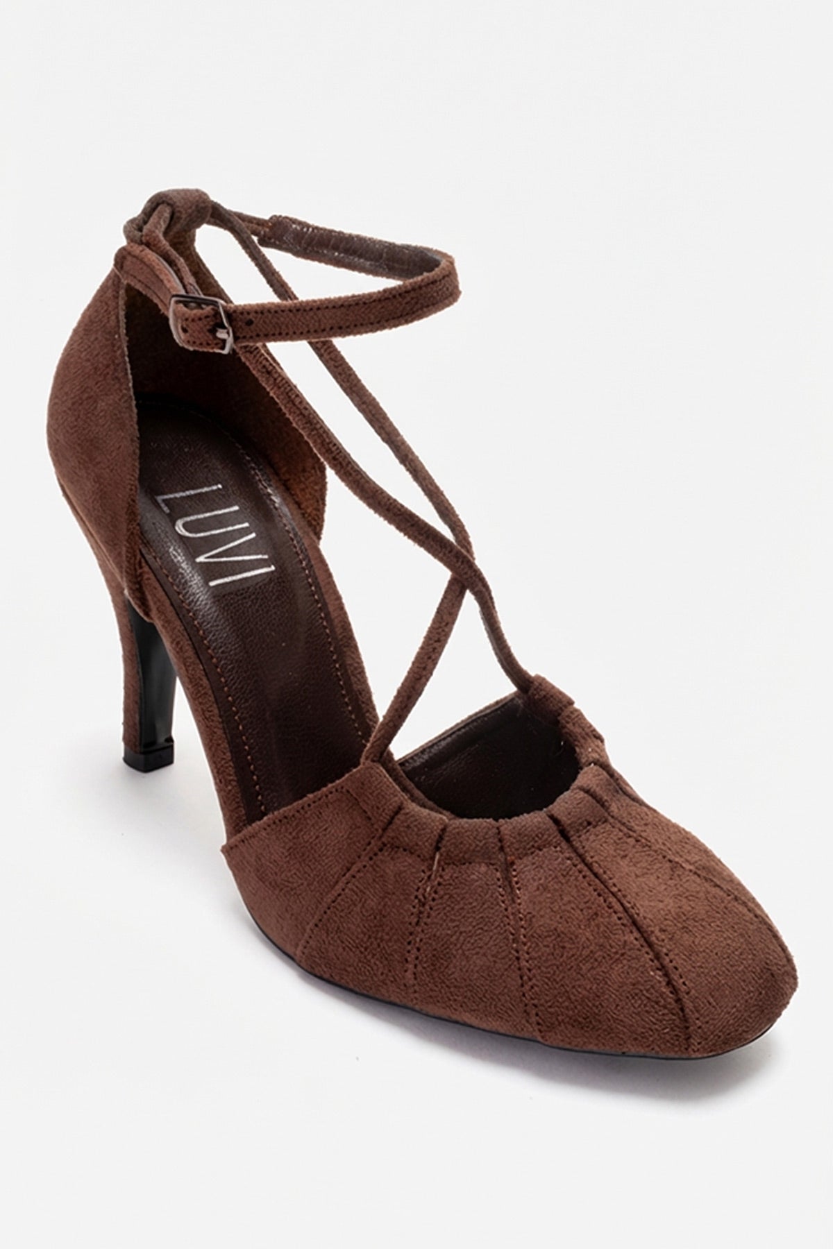 ELIZA - Brown Suede Stiletto Pump – detail view showing leather, suede, Vowalisse