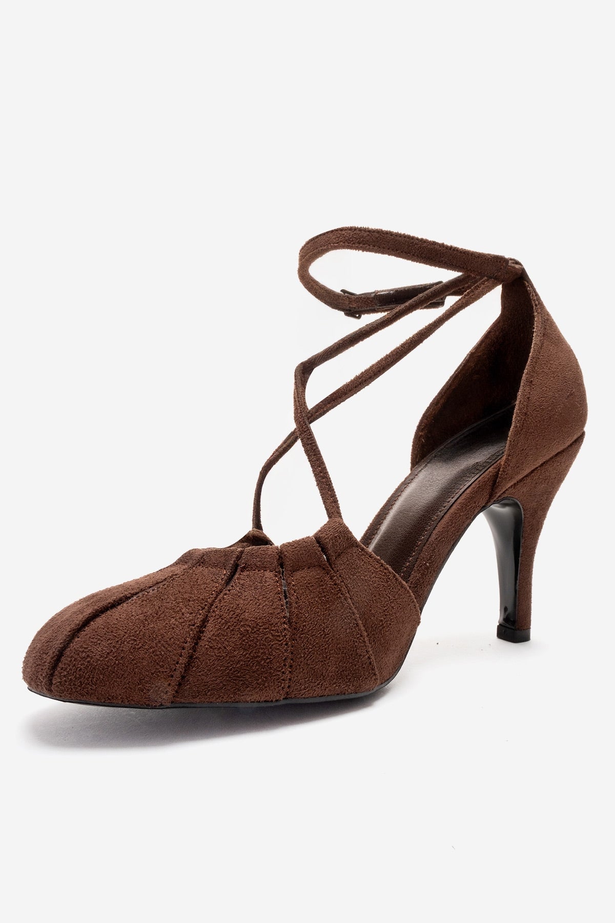 ELIZA - Brown Suede Stiletto Pump – heel view showing leather, suede, Vowalisse