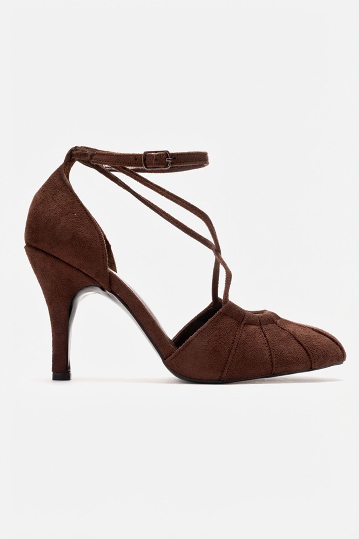 ELIZA - Brown Suede Stiletto Pump – top view showing leather, suede, Vowalisse