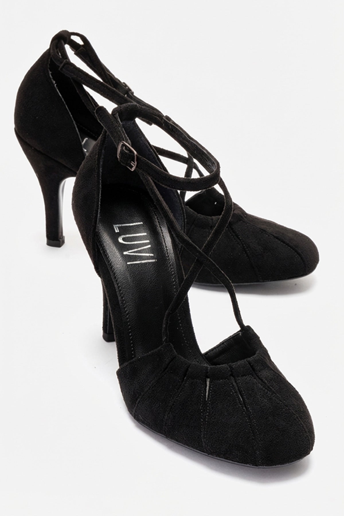 ELIZA - Black Suede Stiletto Pump – front three-quarter view showing leather, suede, black, Vowalisse
