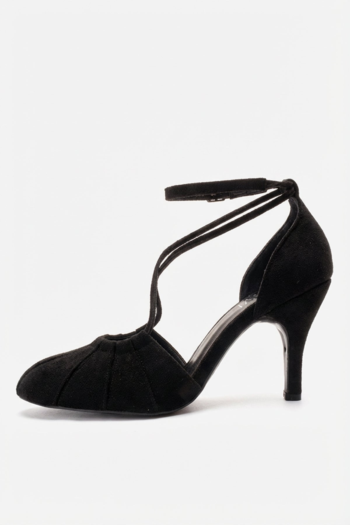 ELIZA - Black Suede Stiletto Pump – heel view showing leather, suede, black, Vowalisse