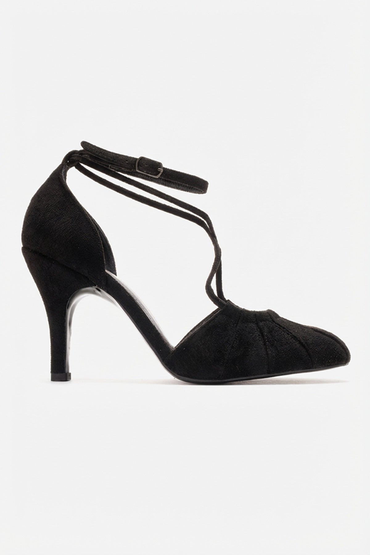 ELIZA - Black Suede Stiletto Pump – top view showing leather, suede, black, Vowalisse