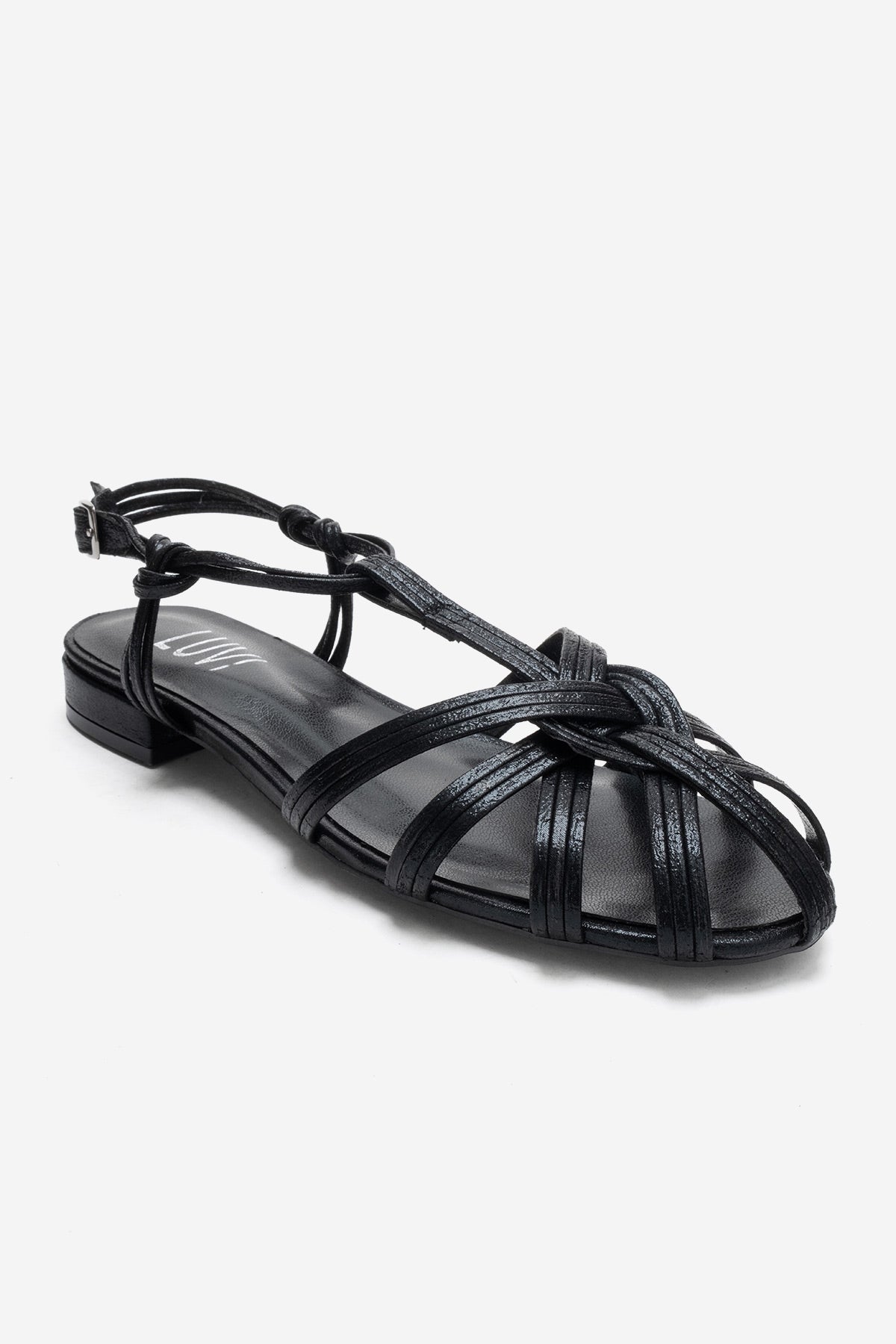 ROSSE - Black Block Heel Sandal – detail view showing leather, black, Vowalisse