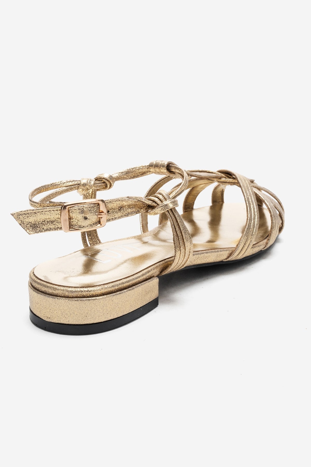 ROSSE - Gold Block Heel Sandal – back view showing leather, gold, Vowalisse