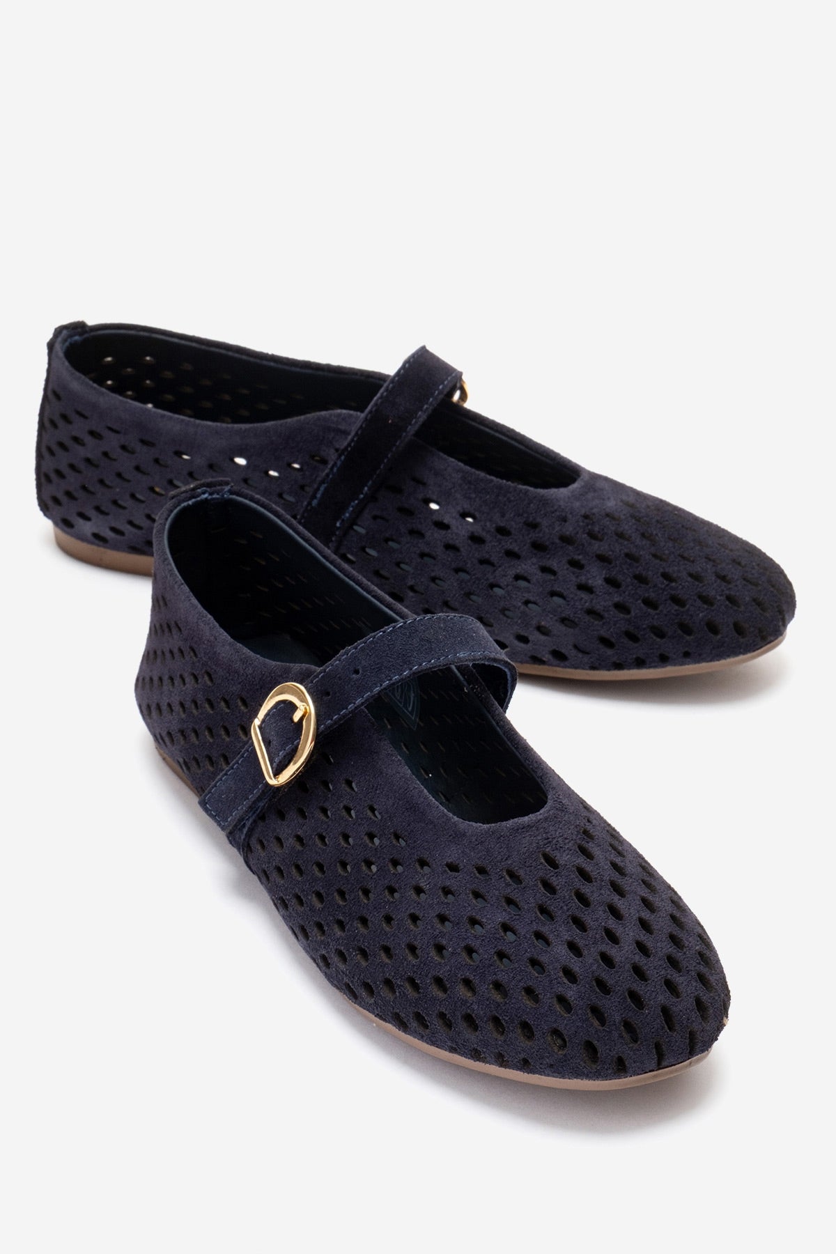 ARİAN - Navy Genuine Suede Leather Ballet Flat – front three-quarter view showing leather, suede, Vowalisse