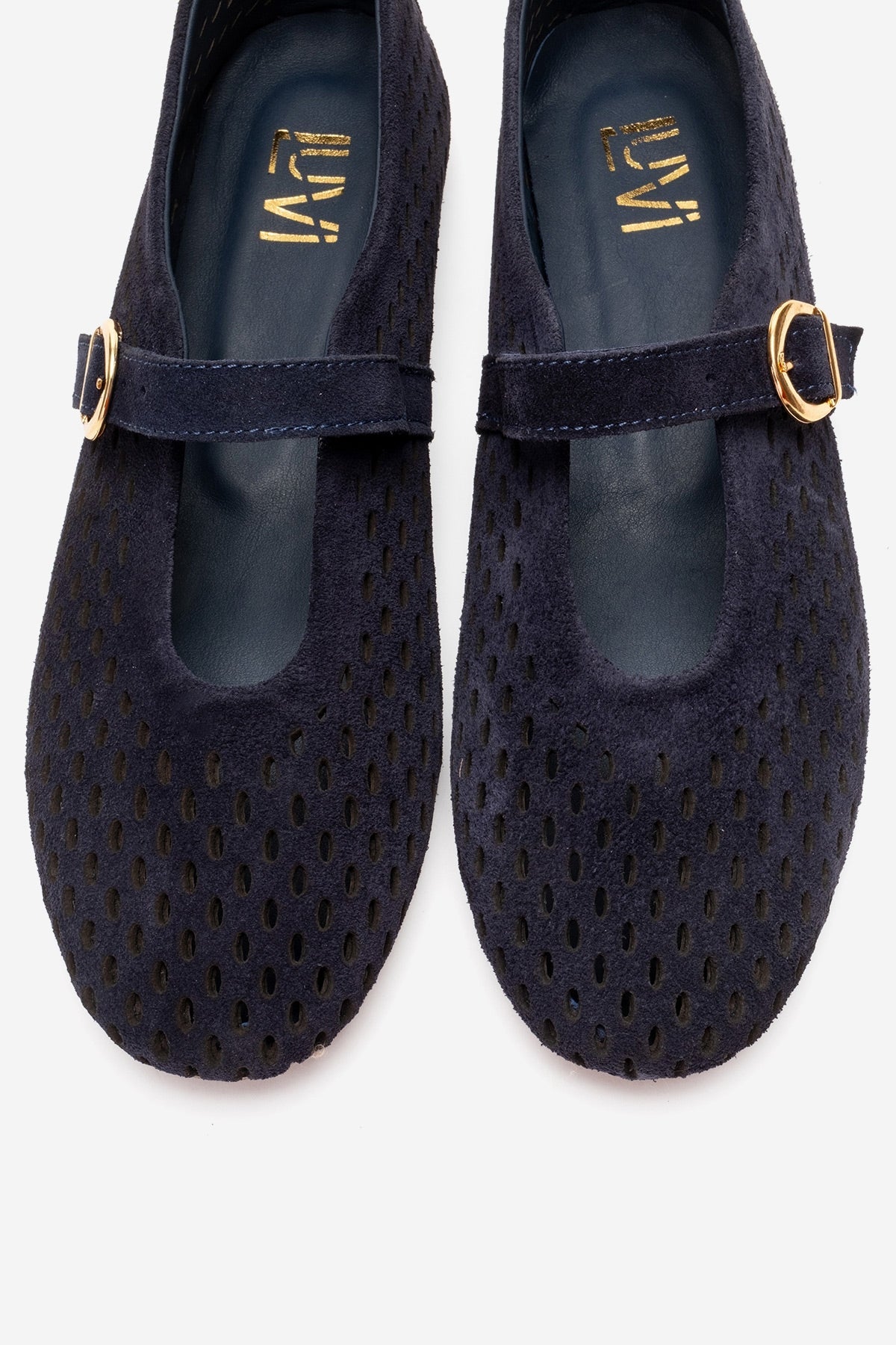 ARİAN - Navy Genuine Suede Leather Ballet Flat – side view showing leather, suede, Vowalisse
