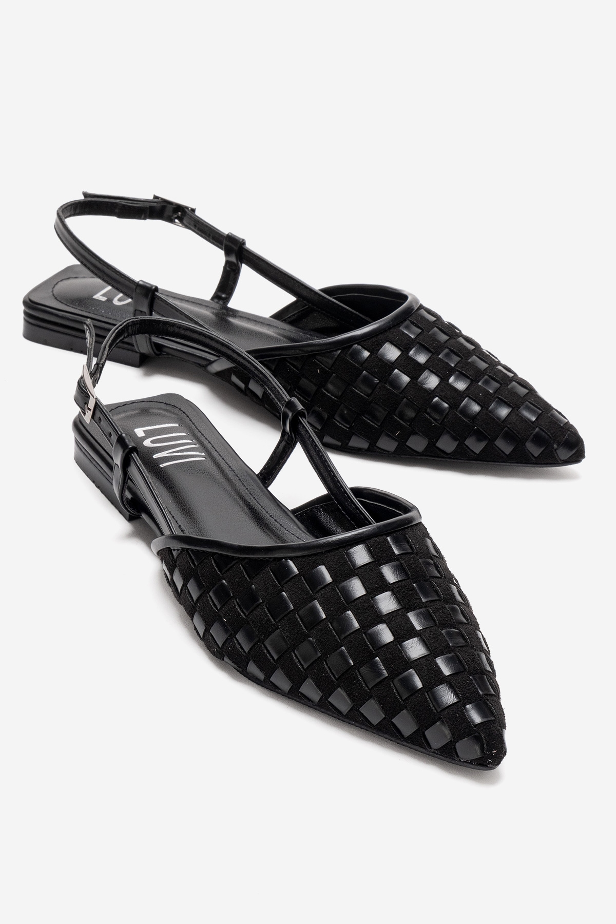 CHANDA - Black Pointed Toe Sandal – front three-quarter view showing leather, black, Vowalisse