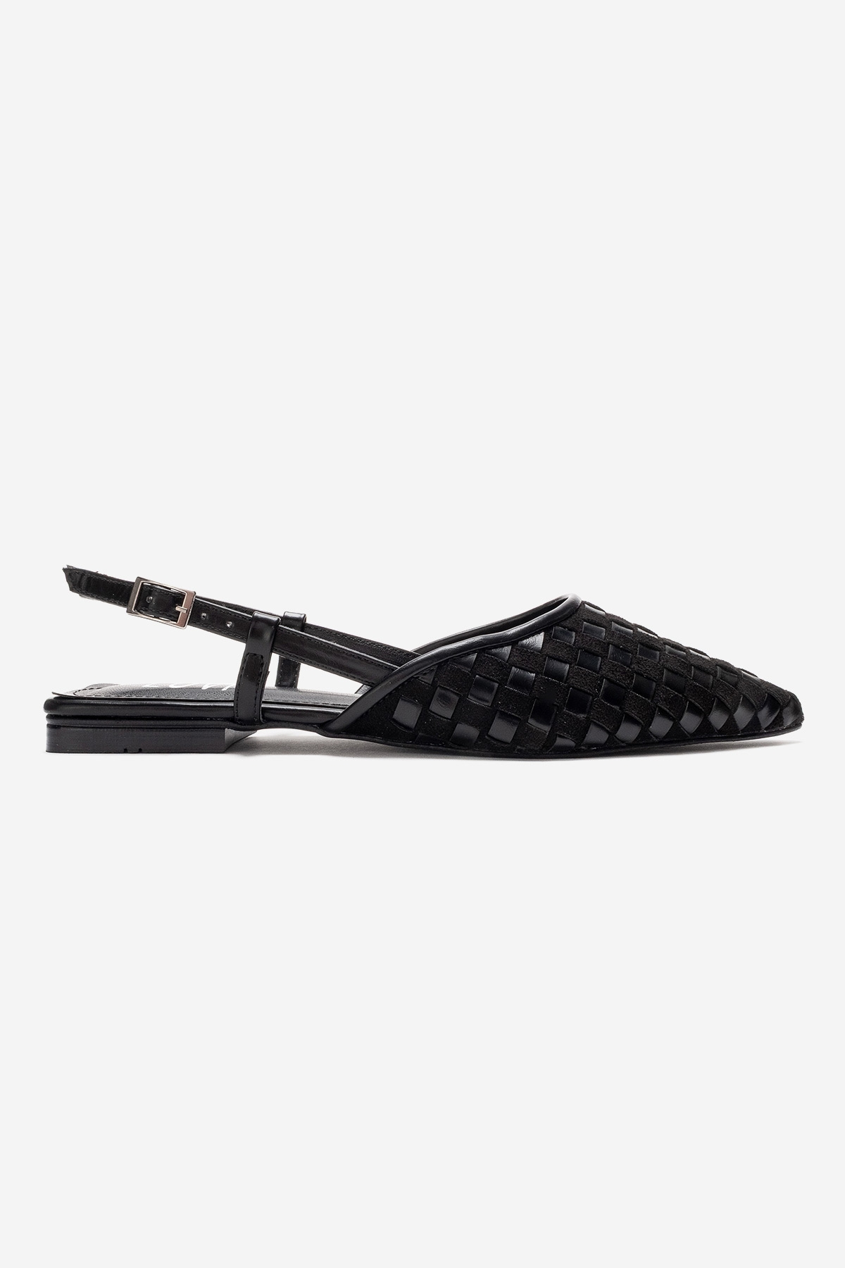 CHANDA - Black Pointed Toe Sandal – top view showing leather, black, Vowalisse
