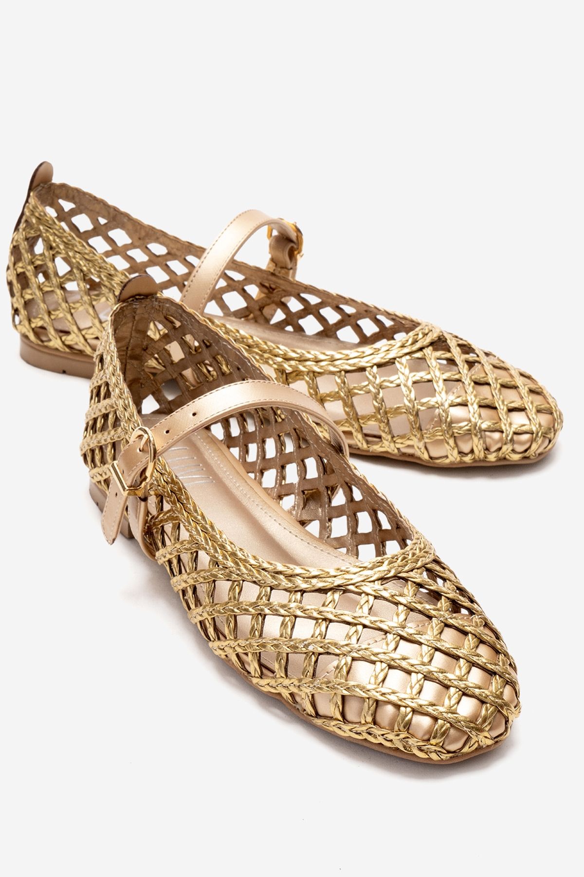 DOUX - Gold Braided Strap Detail Ballet Flat – front three-quarter view showing leather, gold, Vowalisse