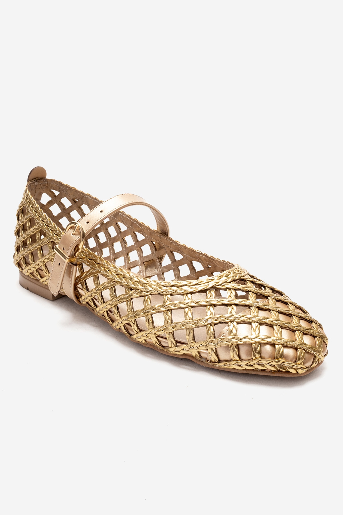 DOUX - Gold Braided Strap Detail Ballet Flat – detail view showing leather, gold, Vowalisse