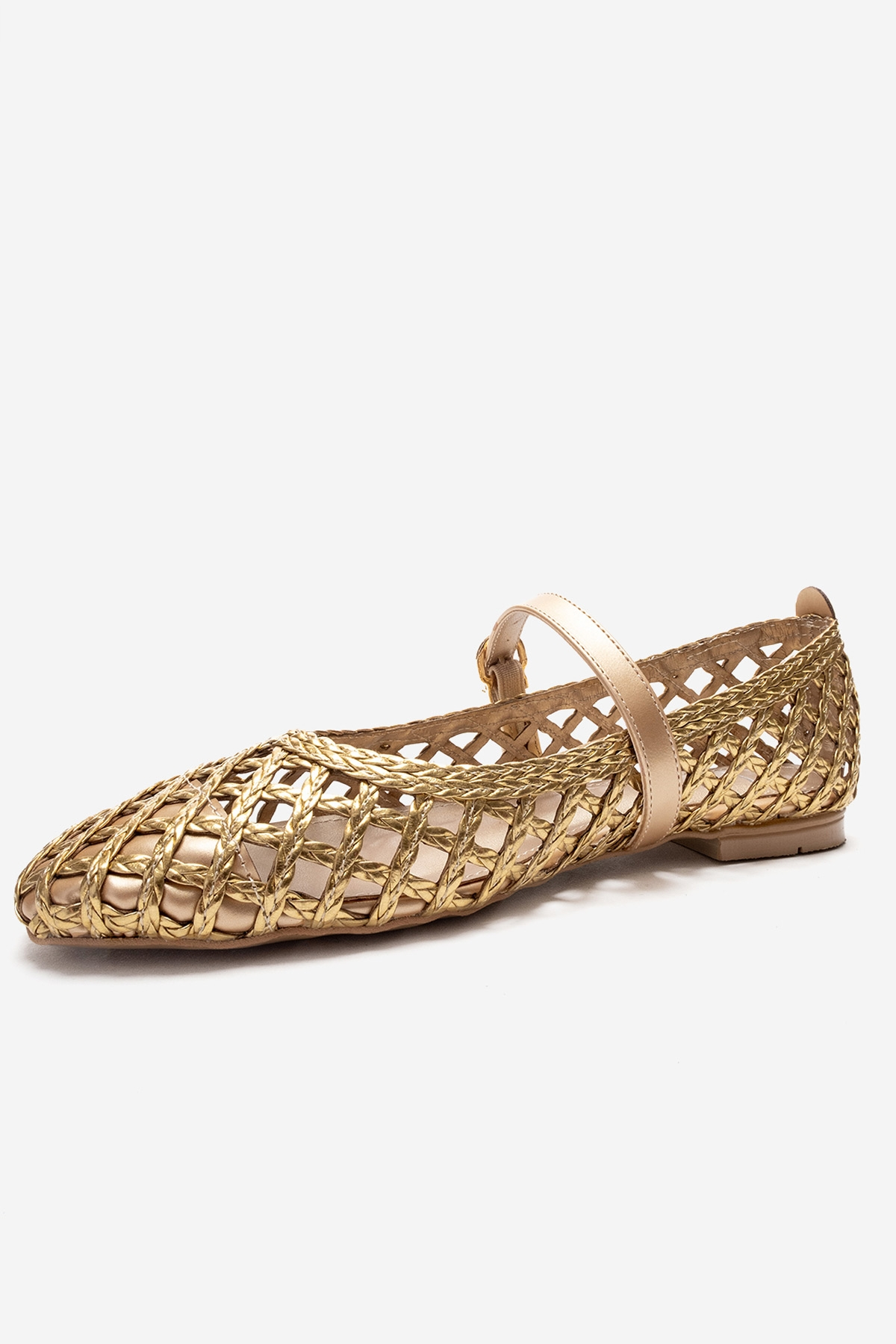 DOUX - Gold Braided Strap Detail Ballet Flat – heel view showing leather, gold, Vowalisse