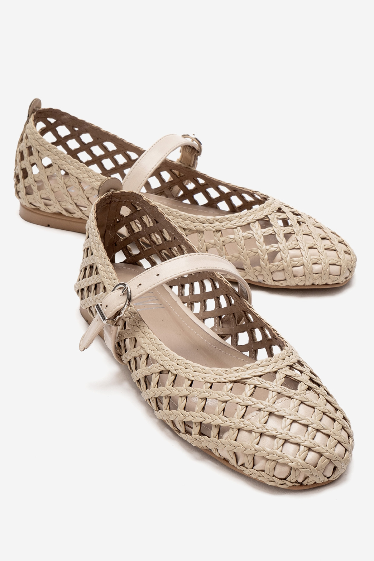 DOUX - Beige Genuine Leather Braided Textured Band Ballet Flat – front three-quarter view showing leather, red, Vowalisse