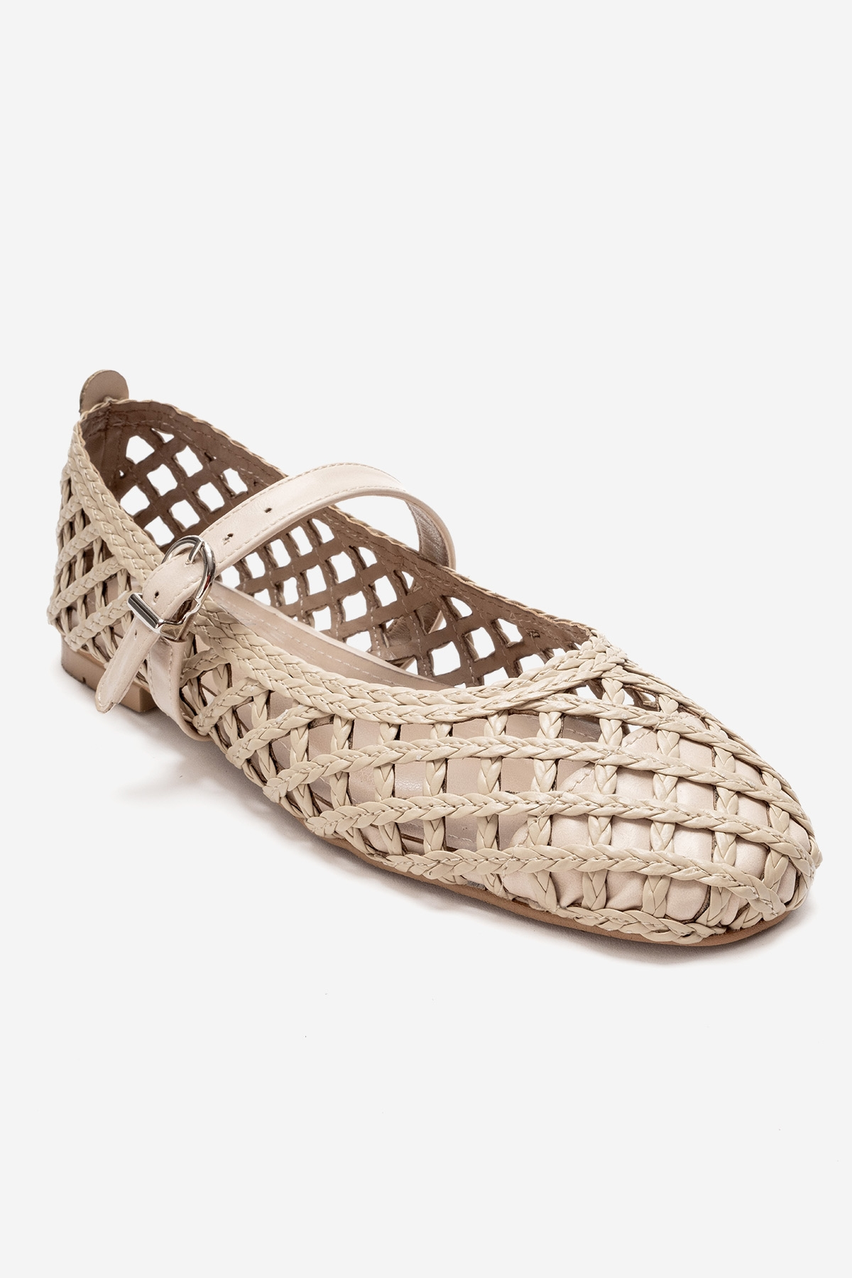 DOUX - Beige Genuine Leather Braided Textured Band Ballet Flat – detail view showing leather, red, Vowalisse