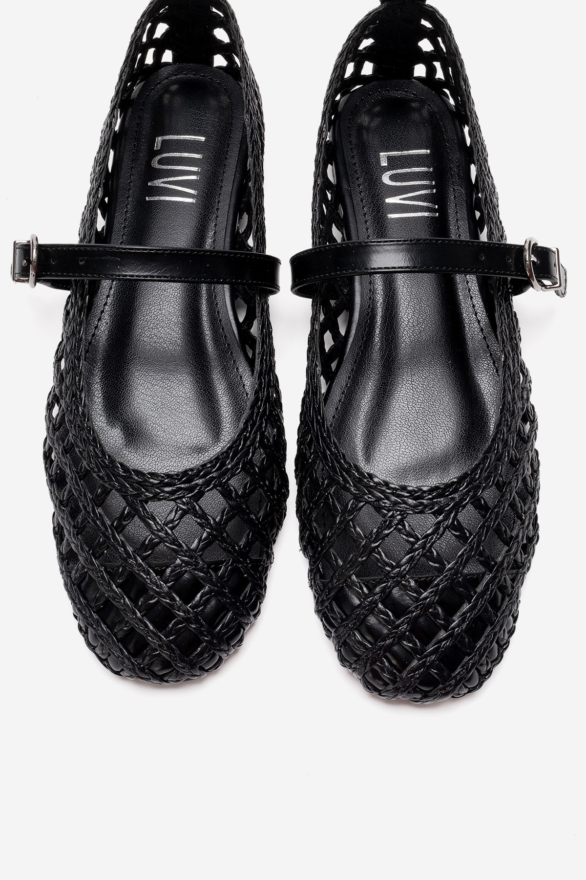 DOUX - Black Genuine Leather Braided Textured Band Ballet Flat – side view showing leather, black, red, Vowalisse