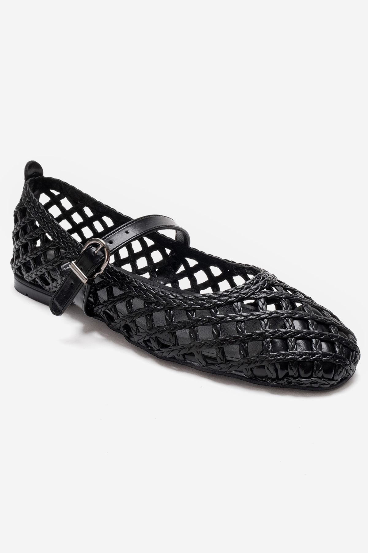 DOUX - Black Genuine Leather Braided Textured Band Ballet Flat – detail view showing leather, black, red, Vowalisse