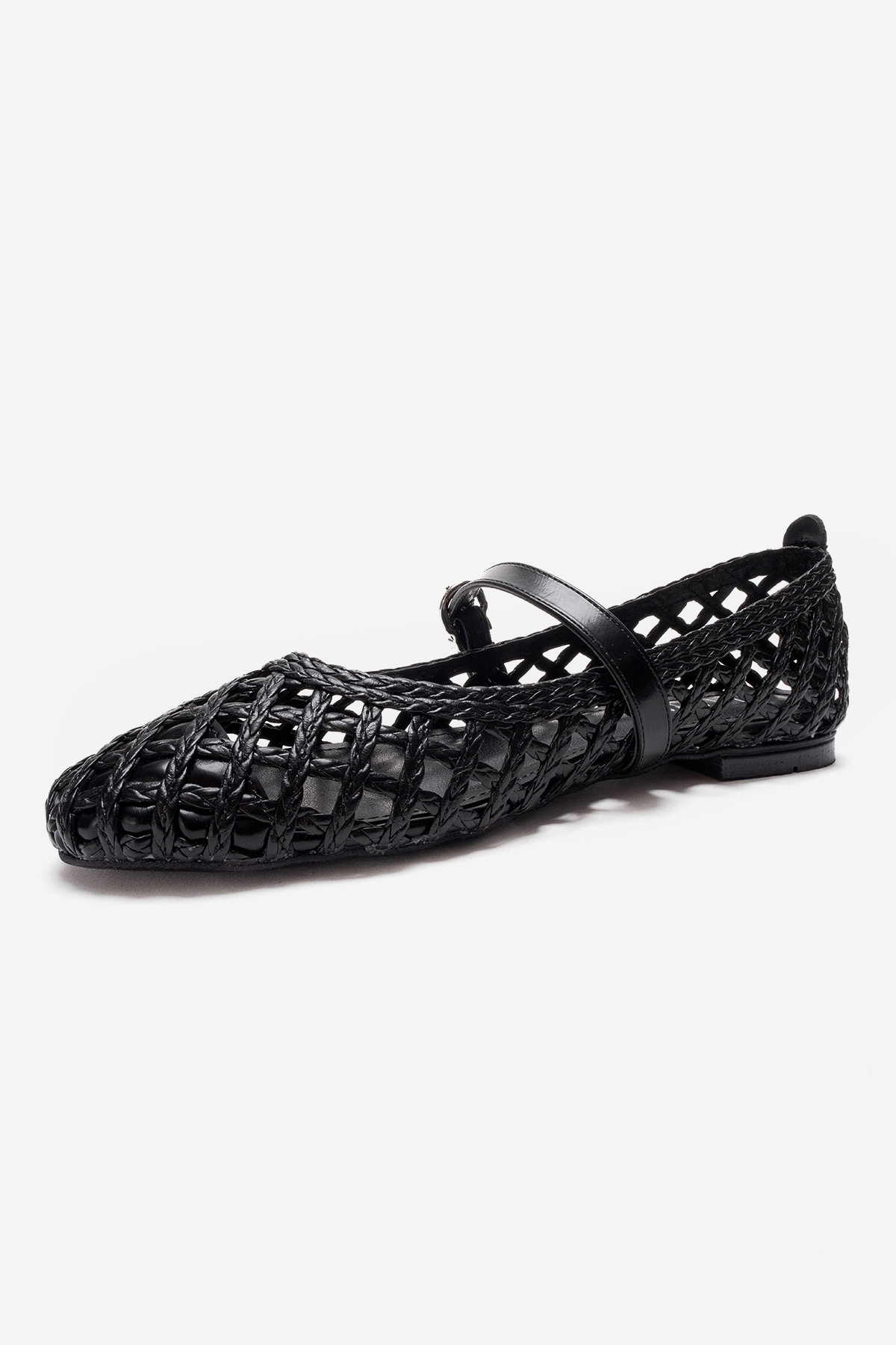 DOUX - Black Genuine Leather Braided Textured Band Ballet Flat – heel view showing leather, black, red, Vowalisse