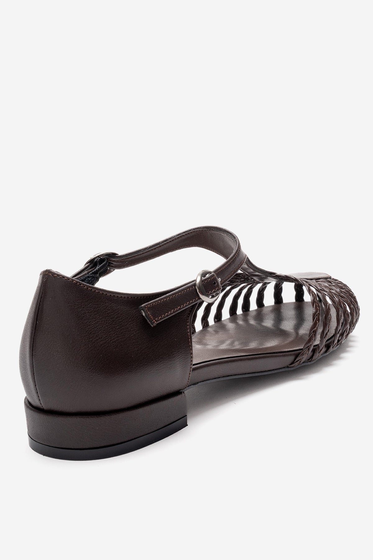 ONOS - Brown Sandal – back view showing leather, Vowalisse