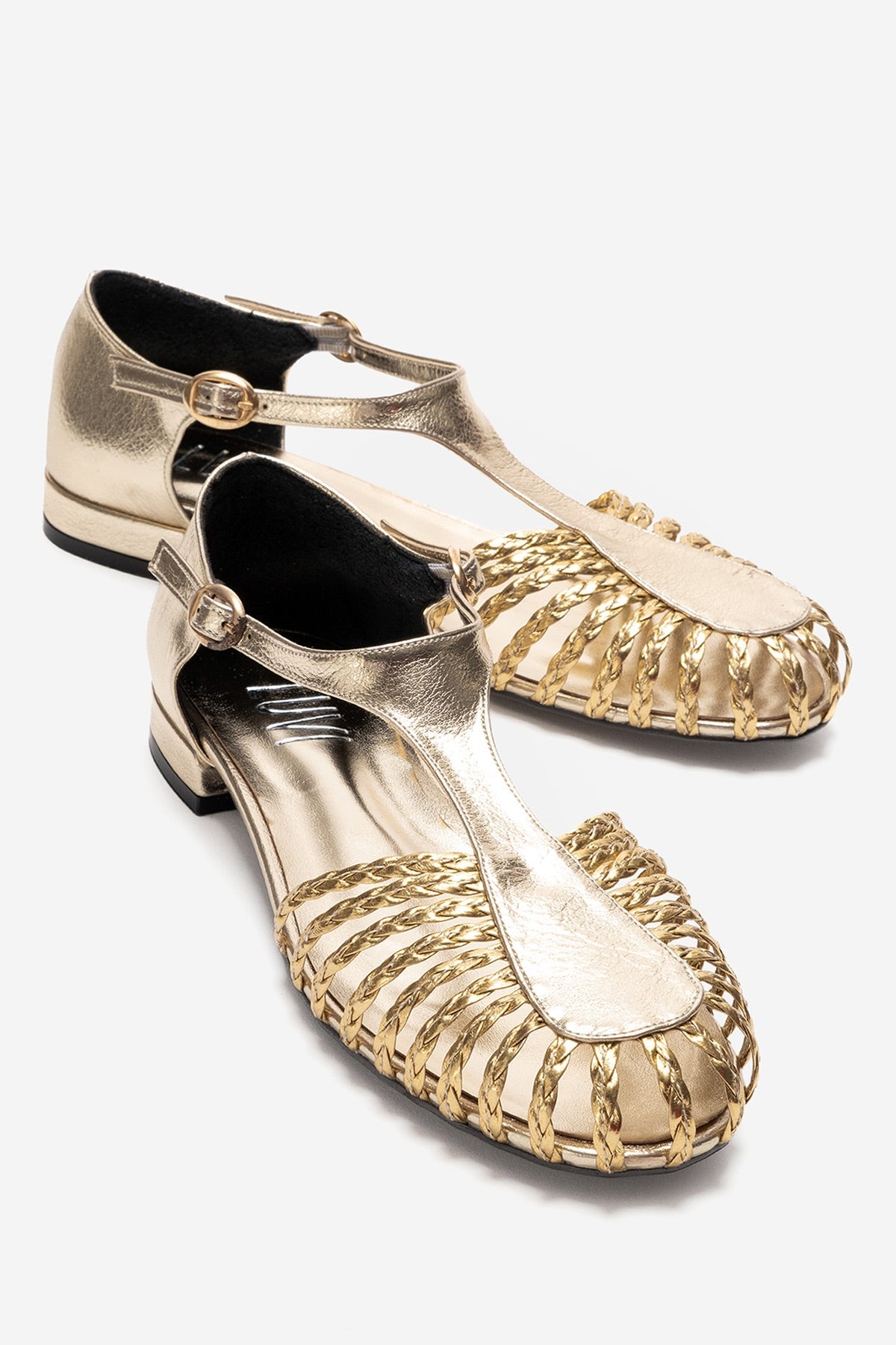 ONOS - Gold Woven Detail Sandal – front three-quarter view showing leather, metallic, gold, Vowalisse