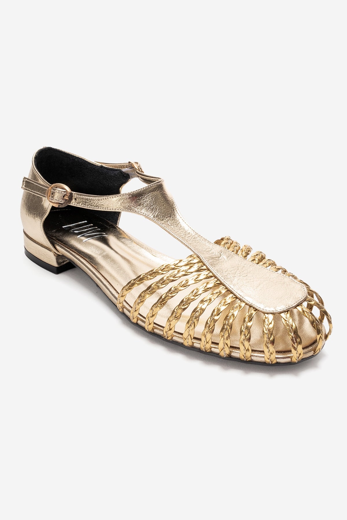 ONOS - Gold Woven Detail Sandal – detail view showing leather, metallic, gold, Vowalisse